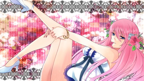 Anime picture 1920x1080 with vocaloid megurine luka single long hair highres blue eyes wide image pink hair hair flower mouth hold girl hair ornament flower (flowers) petals shoes bracelet