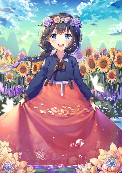 Anime-Bild 818x1158 mit original shoonear single long hair tall image looking at viewer blush fringe open mouth blue eyes black hair smile sky cloud (clouds) outdoors braid (braids) traditional clothes :d wind sparkle