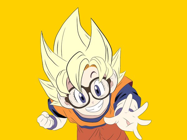 Anime picture 2048x1536 with dragon ball dragon ball z dr. slump toei animation norimaki arale alexel64 single looking at viewer highres short hair simple background blonde hair smile purple eyes grin yellow background spiked hair super saiyan girl glasses