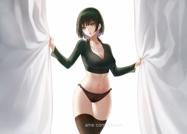 Anime picture 5000x3578 with one-punch man madhouse fubuki (one-punch man) ame 816 single looking at viewer fringe highres short hair breasts open mouth light erotic black hair simple background standing white background green eyes signed absurdres cleavage