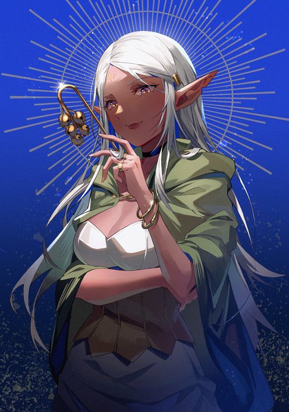 Anime picture 1290x1842 with dungeon meshi studio trigger cithis hoshiko (419401x) single long hair tall image looking at viewer silver hair upper body pointy ears dark skin blue background girl choker bracelet bell jingle bell