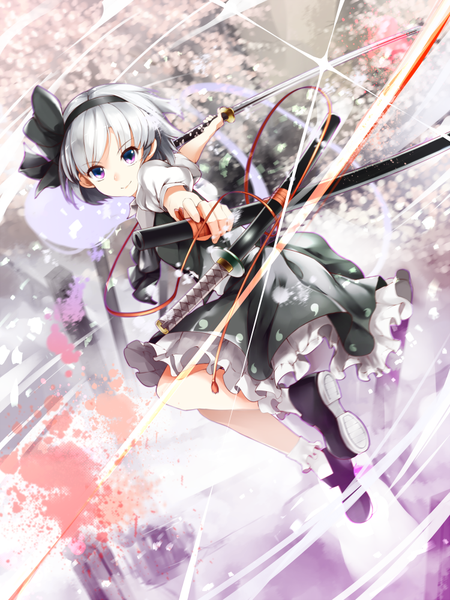 Anime picture 750x1000 with touhou konpaku youmu myon jurakin single tall image looking at viewer fringe short hair smile purple eyes holding grey hair cherry blossoms frilly skirt dual wielding glow weightlessness girl flower (flowers)