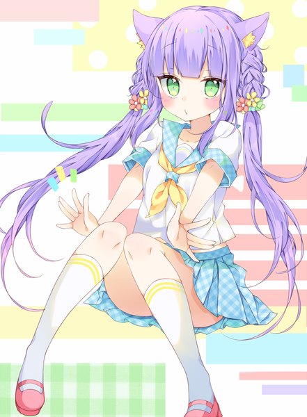 Anime picture 1000x1361 with original chico152 single long hair tall image looking at viewer blush fringe open mouth simple background sitting twintails green eyes animal ears payot purple hair bent knee (knees) blunt bangs braid (braids) pleated skirt
