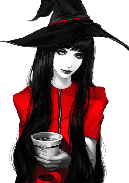 Anime picture 990x1400 with original heleness single long hair tall image looking at viewer fringe black hair white background holding green eyes nail polish fingernails lips short sleeves lipstick pale skin revision witch white skin
