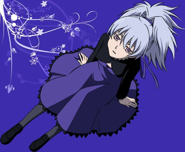 Anime picture 1200x985 with darker than black studio bones yin (darker than black) single short hair sitting pink eyes grey hair girl dress ribbon (ribbons) hair ribbon