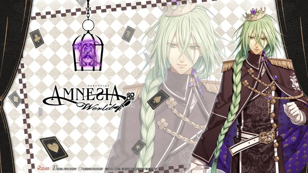 Anime picture 1920x1080 with amnesia amnesia world idea factory ukyo (amnesia) hanamura mai single looking at viewer fringe highres wide image standing green eyes game cg braid (braids) very long hair green hair inscription official art wallpaper single braid