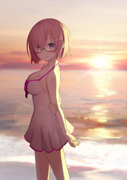 Anime picture 848x1200 with fate (series) fate/grand order mash kyrielight mash kyrielight (swimsuit of perpetual summer) mamehamu single tall image looking at viewer blush fringe short hair breasts smile standing purple eyes pink hair sky cleavage cloud (clouds) outdoors