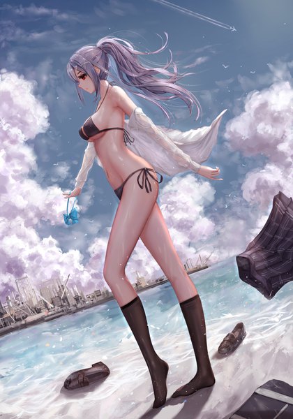 Anime-Bild 1400x2000 mit original yuzuriha (artist) single long hair tall image breasts light erotic red eyes large breasts standing holding payot looking away sky cloud (clouds) full body outdoors ponytail long sleeves parted lips