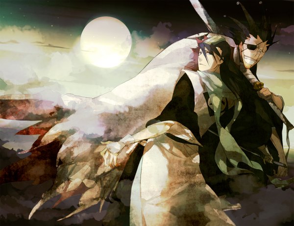 Anime picture 1561x1200 with bleach studio pierrot kuchiki byakuya zaraki kenpachi an (artist) long hair black hair cloud (clouds) looking back from behind grey eyes night sky grin spiked hair evil grin boy hair ornament weapon sword scarf