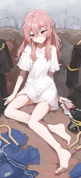 Anime picture 1748x3823 with sono bisque doll wa koi wo suru cloverworks inui sajuna sentter single long hair tall image fringe highres hair between eyes sitting payot pink hair full body bent knee (knees) indoors head tilt pink eyes barefoot arm support