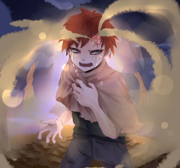 Anime picture 1097x1024 with naruto studio pierrot naruto (series) gaara single looking at viewer short hair open mouth standing holding aqua eyes tattoo tears crying jinchuriki sad alternate age boy blood cape