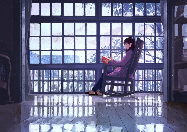 Anime picture 1200x849 with original gemi single long hair black hair smile sitting holding looking away full body profile black eyes reflection floor reading girl plant (plants) tree (trees) shoes window