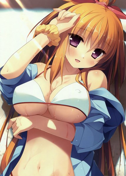 Anime picture 2516x3525 with kurano kun chi no futago jijou kurano mikoto kanekiyo miwa single long hair tall image looking at viewer blush highres breasts open mouth light erotic smile brown hair large breasts purple eyes bare shoulders cleavage sunlight open clothes