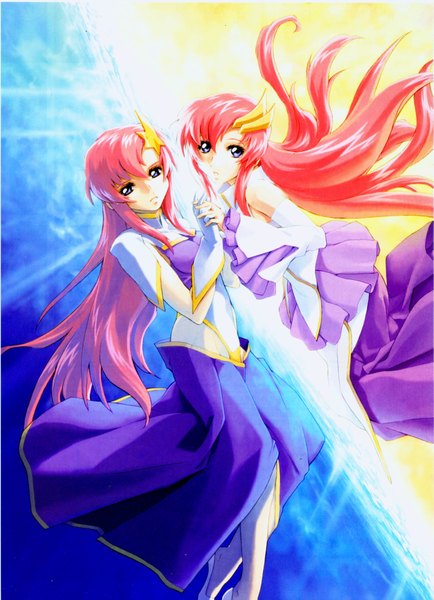 Anime picture 1725x2383 with mobile suit gundam gundam seed destiny sunrise (studio) lacus clyne meer campbell long hair tall image highres multiple girls pink hair grey eyes holding hands girl gloves hair ornament 2 girls detached sleeves hairclip star (symbol) star hair ornament