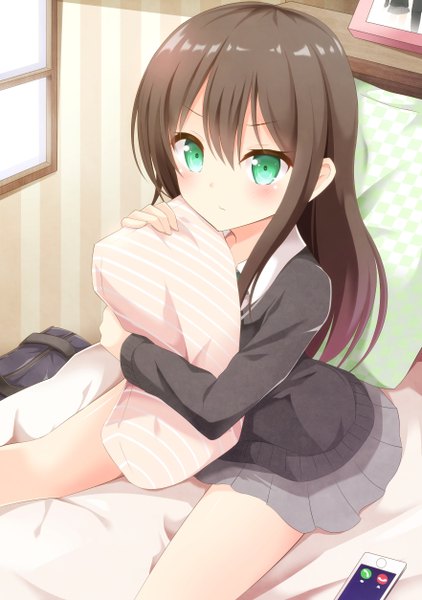 Anime picture 882x1254 with idolmaster idolmaster cinderella girls shibuya rin aibumi single long hair tall image looking at viewer blush fringe brown hair green eyes pleated skirt bare legs hug girl skirt uniform school uniform window