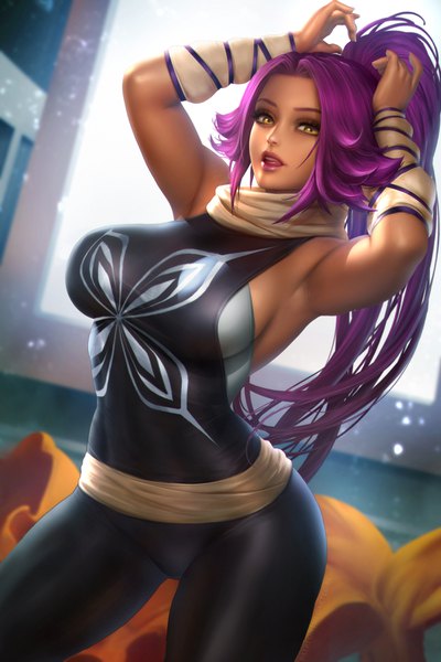 Anime picture 2400x3597 with bleach studio pierrot shihouin yoruichi nudtawut thongmai single long hair tall image looking at viewer highres breasts open mouth light erotic large breasts standing brown eyes purple hair ponytail indoors lips blurry