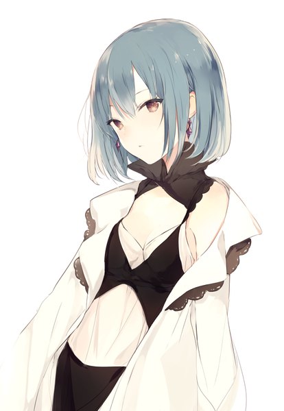 Anime picture 620x897 with original lpip single tall image looking at viewer blush fringe short hair simple background brown eyes blue hair long sleeves parted lips head tilt girl earrings detached collar