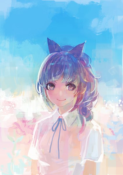 Anime picture 827x1169 with original pump single long hair tall image fringe simple background blue hair ponytail multicolored eyes girl bow hair bow bowtie