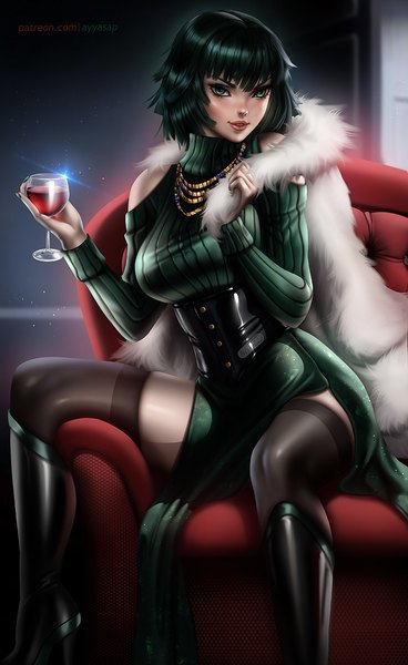 Anime picture 720x1173 with one-punch man madhouse fubuki (one-punch man) ayyasap single tall image looking at viewer blush fringe short hair light erotic black hair hair between eyes sitting holding green eyes long sleeves nail polish parted lips realistic