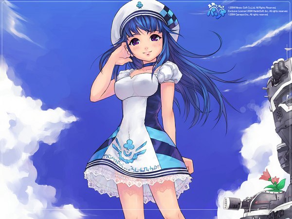 Anime picture 1024x768 with pangya arin seed (artist) long hair blue hair sky wind official art wallpaper dress hat beret lace