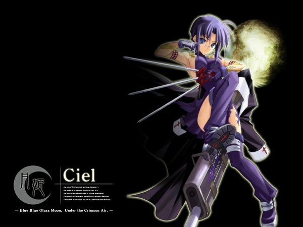Anime picture 1024x768 with shingetsutan tsukihime type-moon ciel (tsukihime) shingo (missing link) single looking at viewer fringe short hair blue eyes light erotic sky purple hair full body character names torn clothes black background soles third-party edit adjusting glasses girl