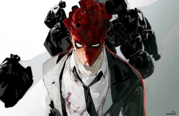 Anime picture 2000x1298 with dorohedoro mappa shin (dorohedoro) miyama (c175311) single looking at viewer highres upper body from above copyright name open collar bloody clothes boy shirt necktie white shirt blood mask suit sack