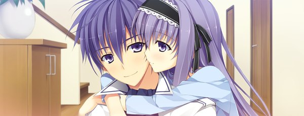 Anime picture 1880x720 with koikishi purely kiss fujimori yuu yuuki hagure long hair highres short hair wide image purple eyes game cg purple hair couple girl boy