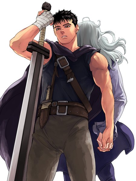 Anime picture 600x800 with berserk guts griffith zonzgong long hair tall image looking at viewer fringe short hair black hair simple background red eyes standing white background bare shoulders holding silver hair parted lips from behind multiple boys