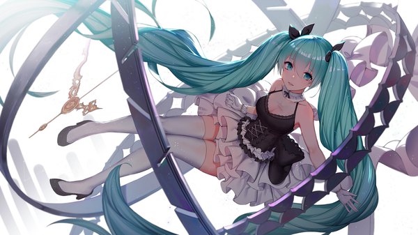 Anime picture 1920x1080 with vocaloid hatsune miku pre (preecho) single looking at viewer blush fringe highres breasts open mouth simple background hair between eyes wide image twintails bare shoulders cleavage very long hair aqua eyes aqua hair high heels
