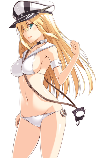 Anime picture 627x1000 with kantai collection bismarck battleship oota yuuichi single long hair tall image looking at viewer blush fringe breasts open mouth light erotic blonde hair simple background hair between eyes large breasts standing white background bare shoulders green eyes