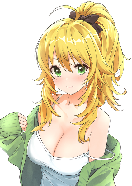 Anime picture 3035x4299 with idolmaster idolmaster (classic) idolmaster million live! idolmaster million live! theater days hoshii miki b1ack illust single long hair tall image looking at viewer blush fringe highres breasts light erotic simple background blonde hair smile hair between eyes large breasts