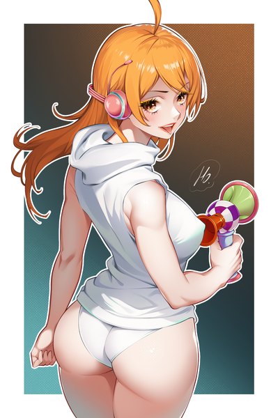 Anime picture 1584x2380 with one piece toei animation nami (one piece) ho haiiro single long hair tall image light erotic standing ahoge ass looking back from behind orange hair orange eyes border outside border girl headphones leotard