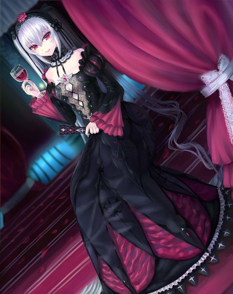 Anime picture 1134x1432 with original lunatic (phantasy) single tall image looking at viewer red eyes sitting bare shoulders white hair very long hair girl dress detached sleeves petals headdress fan