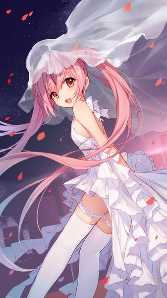 Anime picture 1000x1778 with hidan no aria kanzaki h aria bison cangshu single long hair tall image looking at viewer blush fringe open mouth smile hair between eyes red eyes standing twintails pink hair outdoors :d night fang (fangs)
