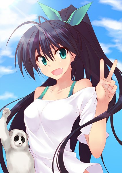 Anime picture 723x1023 with idolmaster manatsu no yoru no inmu ganaha hibiki naturalton single long hair tall image looking at viewer open mouth black hair bare shoulders sky cloud (clouds) ahoge ponytail :d aqua eyes teeth fang (fangs) victory