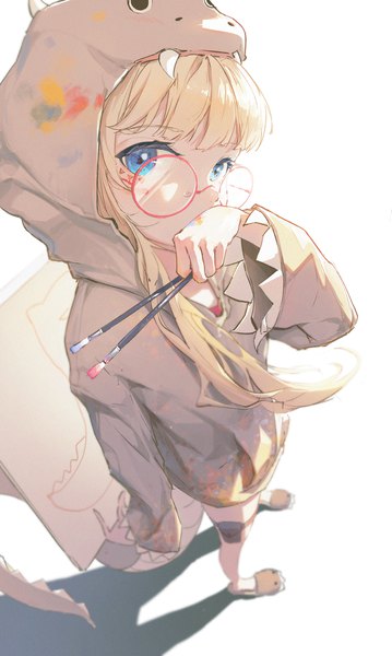 Anime-Bild 2096x3505 mit original dino (dinoartforame) single long hair tall image looking at viewer fringe highres blue eyes blonde hair standing full body blunt bangs from above shadow covered mouth animal hood girl glasses hood