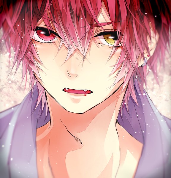 Anime picture 1650x1721 with kuroko no basket production i.g akashi  seijuurou kenndoo369 single tall image looking at viewer short hair open mouth pink hair teeth fang (fangs) heterochromia portrait spiked hair boy earrings blood jewelry