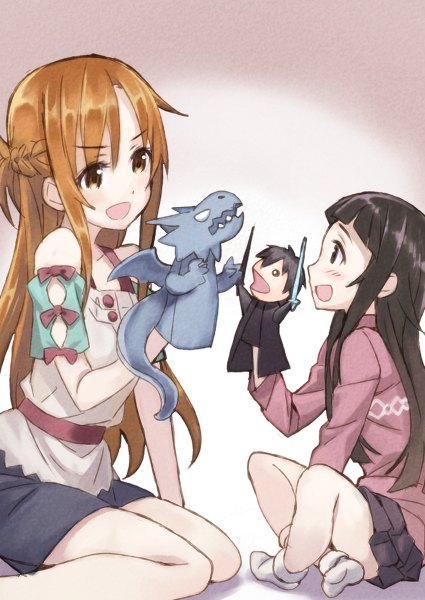 Anime picture 850x1200 with sword art online a-1 pictures yuuki asuna kirigaya kazuto yui (sao) matsuryuu long hair tall image blush open mouth black hair sitting multiple girls brown eyes orange hair loli no shoes girl skirt 2 girls