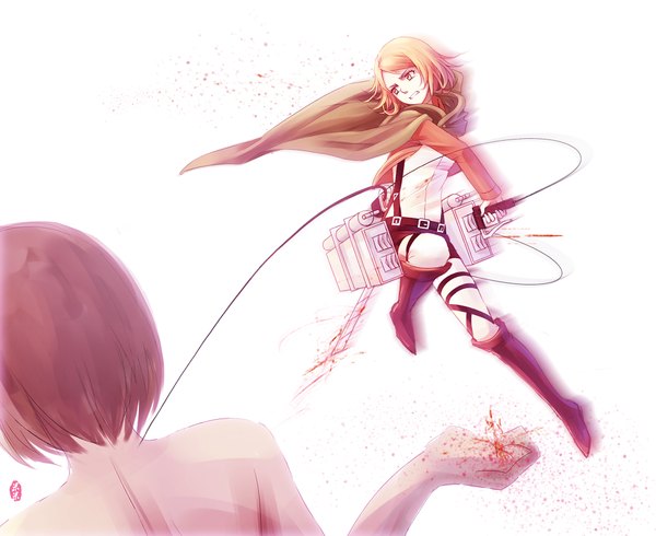 Anime picture 1919x1568 with shingeki no kyojin production i.g titan (shingeki no kyojin) petra ral mimi (artist) single highres short hair simple background blonde hair white background holding brown eyes looking away open clothes open jacket dual wielding clenched teeth battle girl