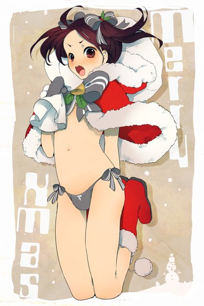 Anime picture 1000x1500 with axis powers hetalia studio deen china (hetalia) etomai tall image looking at viewer short hair open mouth light erotic brown hair twintails brown eyes fur trim border short twintails christmas jumping otoko no ko androgynous boy