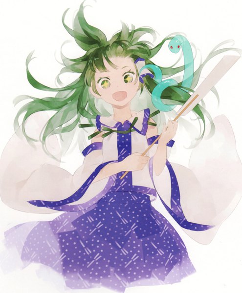 Anime picture 915x1108 with touhou kochiya sanae shihou (g-o-s) single long hair tall image open mouth simple background white background green eyes traditional clothes japanese clothes green hair floating hair symbol-shaped pupils miko + + girl detached sleeves animal