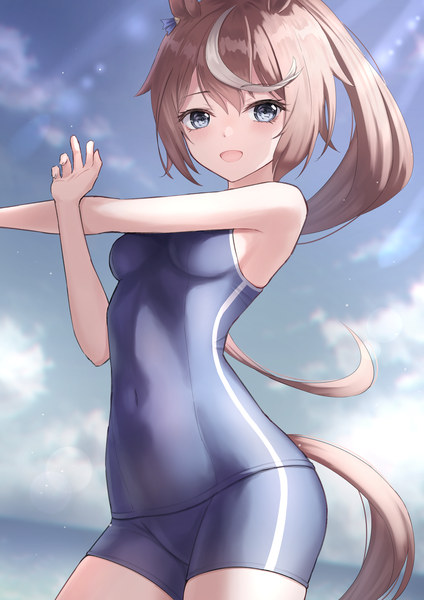 Anime picture 4961x7016 with umamusume tokai teio (umamusume) marinesnow single long hair tall image looking at viewer blush fringe highres breasts open mouth blue eyes light erotic smile brown hair standing animal ears payot absurdres