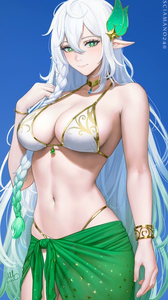 Anime picture 720x1280 with genshin impact rukkhadevata (genshin impact) sciamano240 single long hair tall image looking at viewer blush fringe breasts light erotic simple background smile hair between eyes large breasts standing green eyes signed cleavage white hair