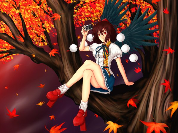 Anime picture 1600x1200 with touhou shameimaru aya hero rice (artist) short hair black hair girl skirt wings