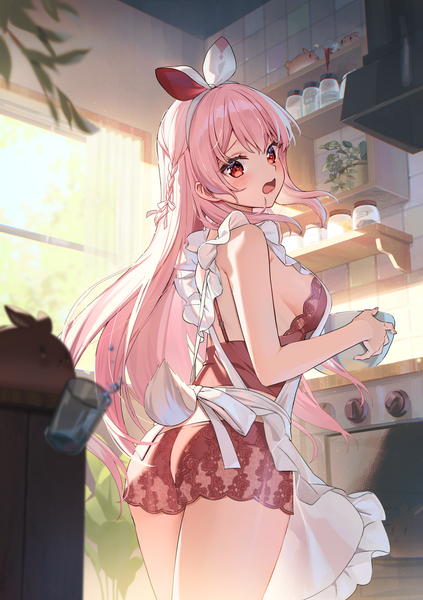 Anime picture 1920x2726 with virtual youtuber atelier live pinku (vtuber) rosuuri single long hair tall image blush fringe highres open mouth light erotic red eyes standing pink hair ass indoors tail braid (braids) animal tail