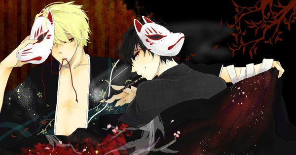 Anime picture 1900x1000 with durarara!! brains base (studio) orihara izaya heiwajima shizuo sakura azusa highres short hair black hair blonde hair red eyes wide image holding yellow eyes mouth hold mask on head ribbon in mouth boy mask bandage (bandages)