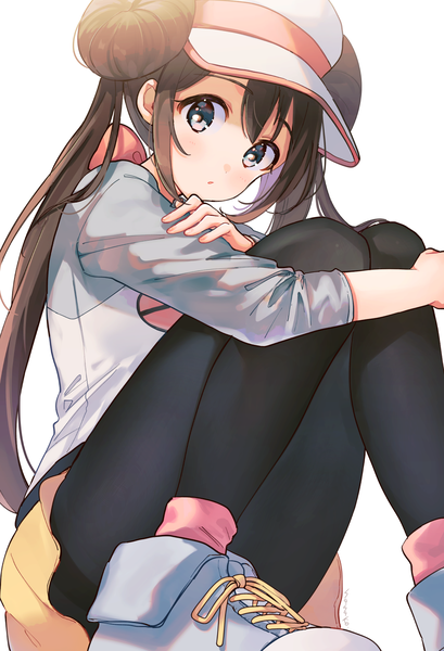 Anime picture 1028x1508 with pokemon pokemon (game) pokemon black and white nintendo rosa (pokemon) hanako151 single long hair tall image looking at viewer blush simple background brown hair white background sitting twintails signed payot hair bun (hair buns) cute
