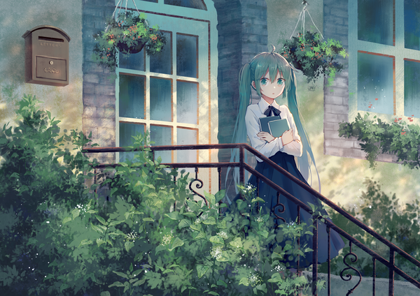 イラスト 1929x1364 と ボーカロイド 初音ミク 雨陌 ソロ 長髪 カメラ目線 前髪 highres hair between eyes ツインテール アホ毛 aqua eyes sunlight aqua hair :o 女の子 スカート 花 植物 シャツ