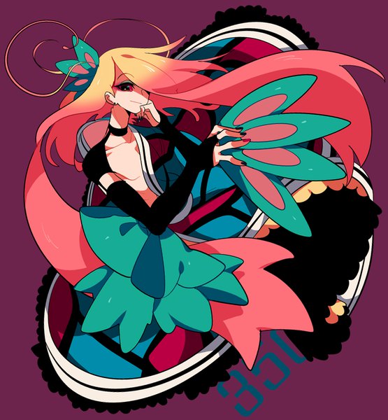 Anime picture 750x810 with pokemon nintendo milotic karabako single long hair tall image looking at viewer fringe simple background blonde hair holding full body red hair nail polish multicolored hair fingernails black eyes hair over one eye two-tone hair