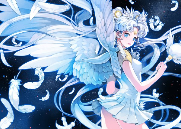 Anime picture 1000x710 with bishoujo senshi sailor moon toei animation sailor cosmos chkuyomi single long hair blue eyes white hair looking back girl dress hair ornament wings feather (feathers)
